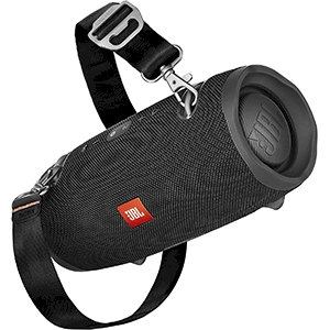 JBL speaker on a white background. The stap is visible in the picture and can be used to wrap around bike handle.