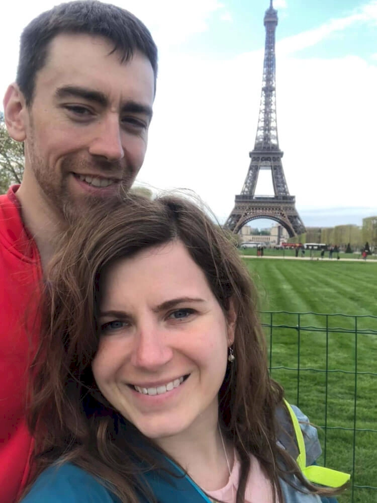 Stew and Zoe stood at the Eiffel Tower