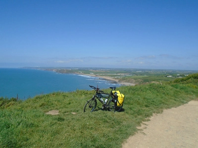 Cycle Touring Bike stood at the West Coast on a John O'Groats Land's End Cycle