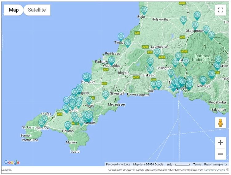 Screenshot of the Warmshowers accommodation for cyclists app showing all the accommodation options around Land’s End.