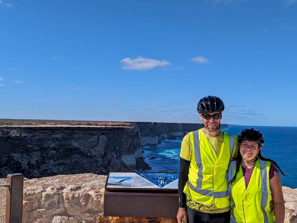Zoe and Stew stood at the Great Australian Bight
