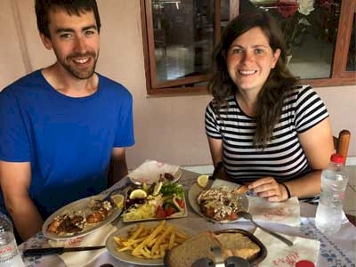 Zoe and Stewart eating at Jupa restaurant Albania
