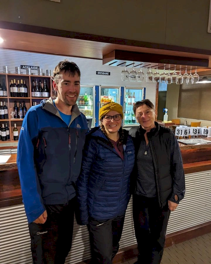 Zoe and Stewart stood in Balladonia Roadhouse with Sylvia.