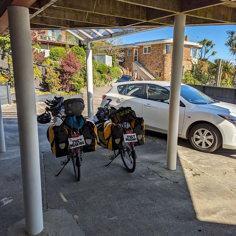 Our bikes with a 'just married' sign celebrating our wedding elopement.