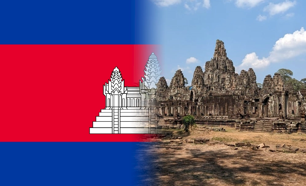 Thumbnail for Cambodia. The image is half the flag and half the famous temple.