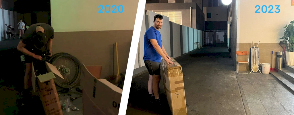 Stew stood with the bikes in Nha Trang. He's outside the same apartment in 2020 and 2023.