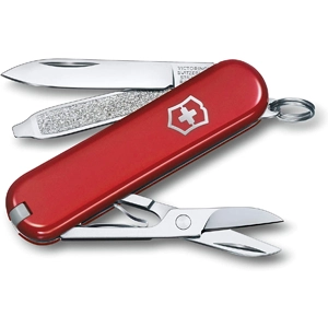 swiss army tool with each tool pulled out so you can see it. Red tool with pocket knife, file, scissors and a tooth pick