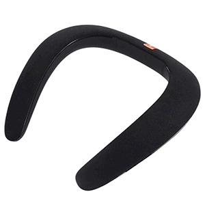 black wearable bluetooth speaker on a white background