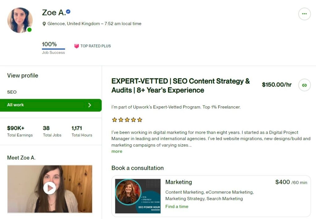 zoe's freelance profile screenshot where she earned money to travel